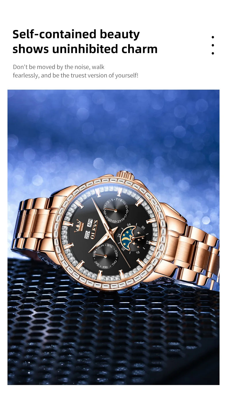 Rose-Gold Moon Phase Diamond Bezel Watch — Black | KIMLUD