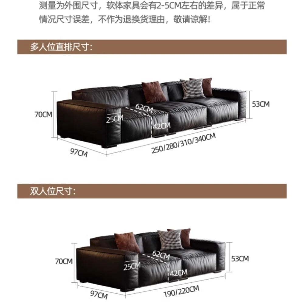 Genuine Leather Sectional Sofa Italian Minimalist Design With Plush Seating — Deep Black | KIMLUD