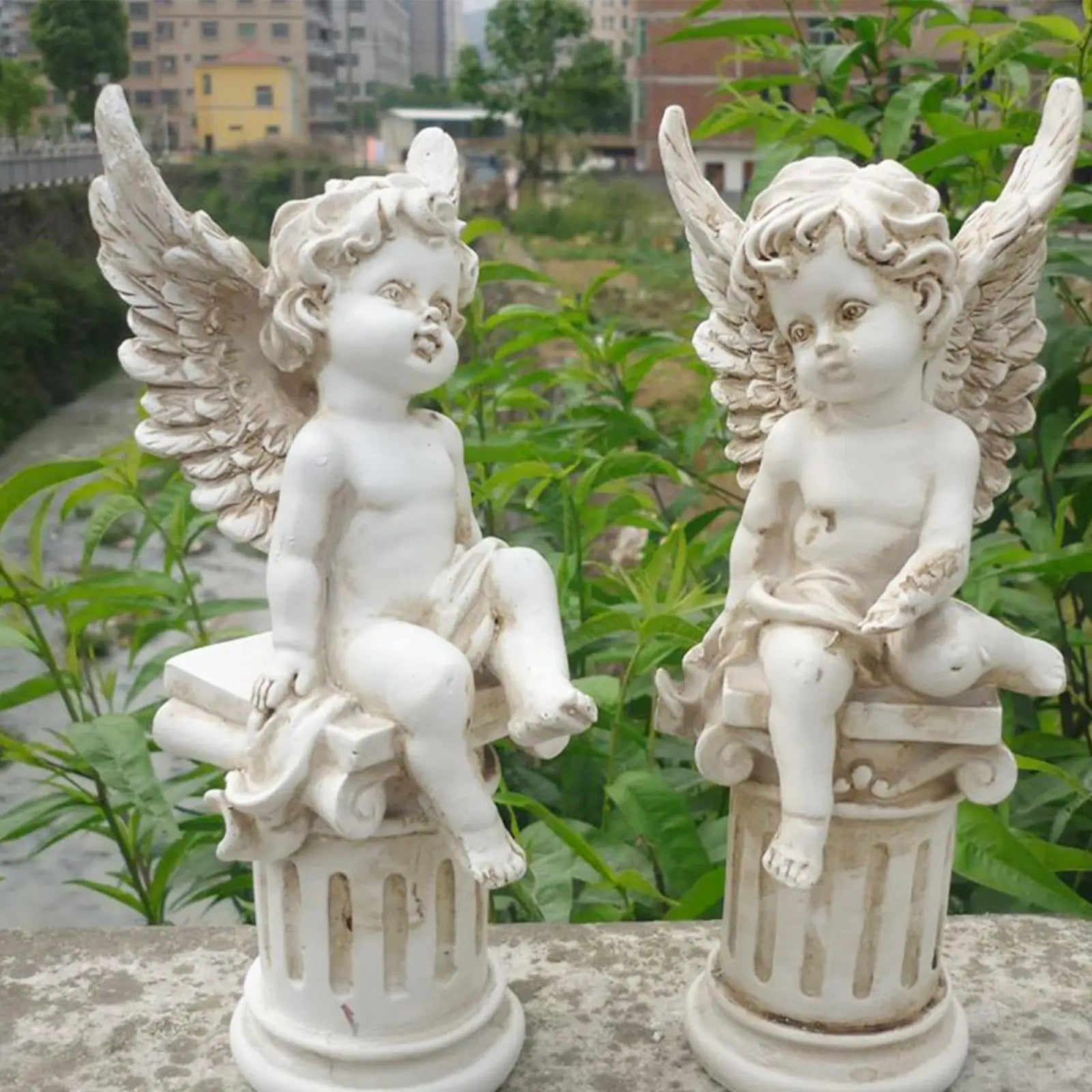 KIMLUD, 2 Cherub Statues Roman Pillar Decorative Photo Props Garden Figurines Sculptures for Outdoor Landscaping Fountain Porch Patio, KIMLUD Womens Clothes