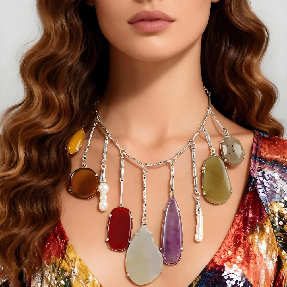 Boho Irregular Pendant Necklace With Freshwater Pearls And Link Chain In Bohemian Craftsmanship — Ivory | KIMLUD
