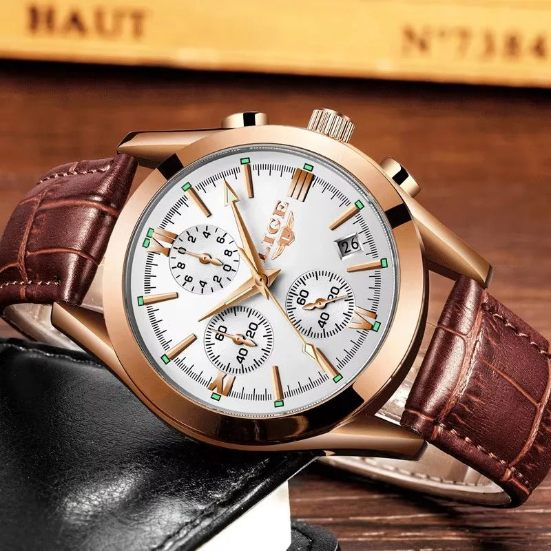 LIGE Men Watch Top Brand Luxury Waterproof Luminous Sport Wristwatch Quartz Military Genuine Leather Relogios Masculino+Box