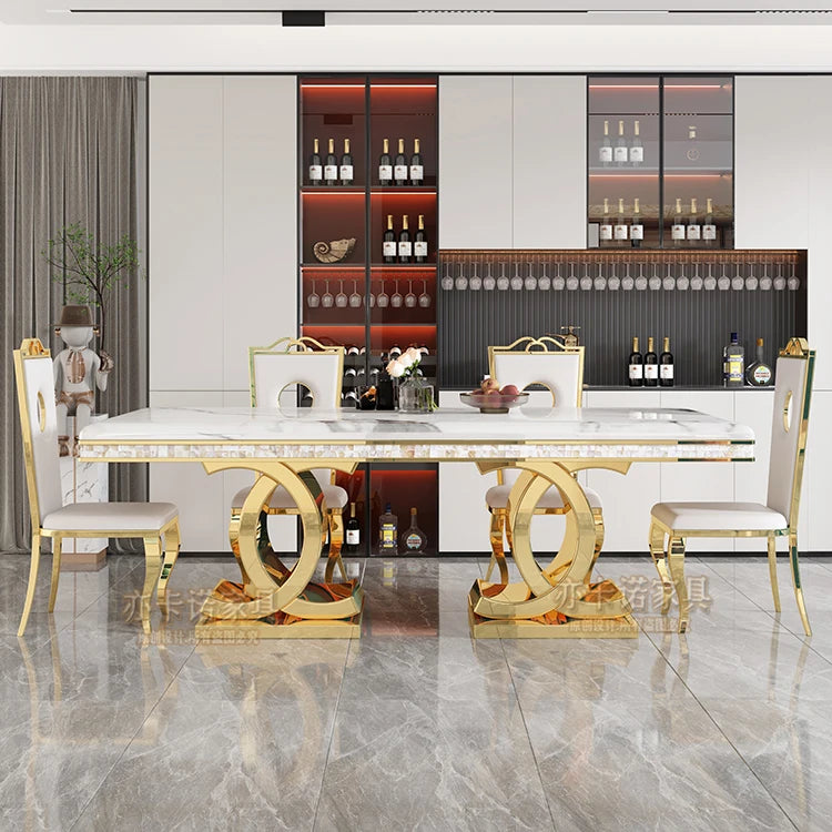 Marble Dining Table Set With Gold-Tone Frame — White | KIMLUD