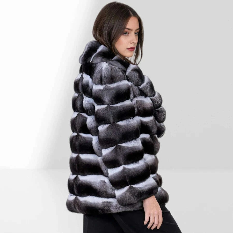 KIMLUD, Women's Winter Jacket Real Rex Rabbit Fur Jacket With Hood Chinchilla Color Fur Coat High Quality Genuine Leather Jackets, KIMLUD Womens Clothes