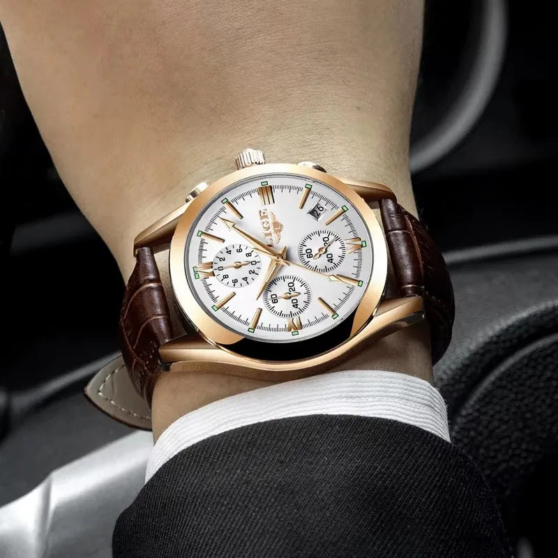 LIGE Men Watch Top Brand Luxury Waterproof Luminous Sport Wristwatch Quartz Military Genuine Leather Relogios Masculino+Box