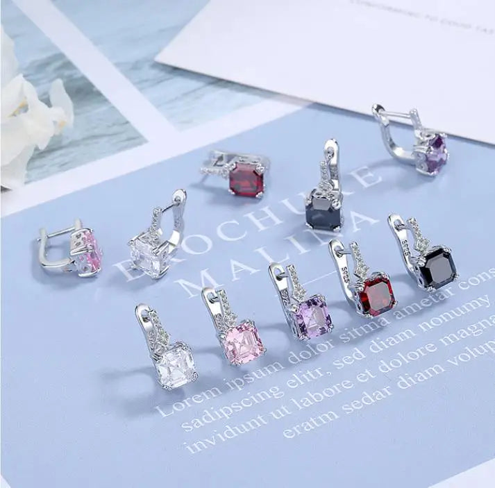 Silver Color Square Zircon Earrings for Women Girl Simple Korean Fashion 925 Silver Needle Ear Buckles Earring Trendy Jewelry