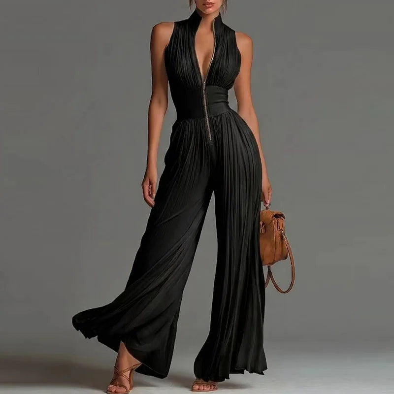 Chiffon Sleeveless Jumpsuit High Waist Pleated Wide Leg Solid — Ivory | KIMLUD
