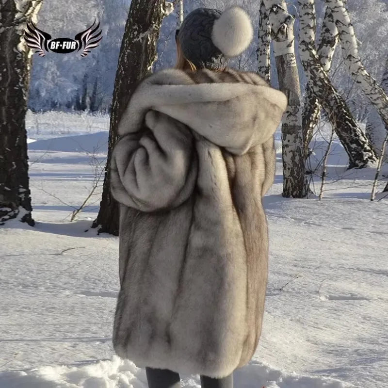 Fox Fur Coat – Hooded Full Pelt Fox Fur – Cotton Fabric | KIMLUD