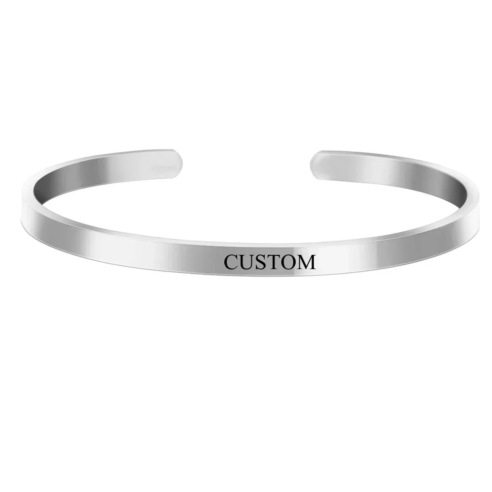 Stainless Steel Engraved Name Text Heart Cuff — Silver | KIMLUD