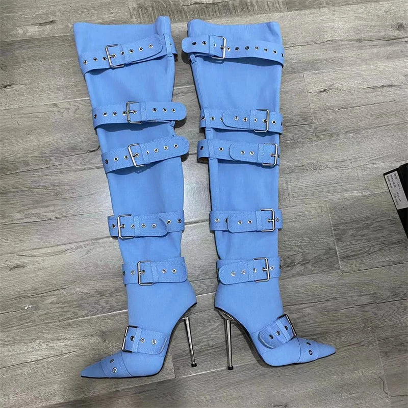 New Women's Denim Metal Rivet Buckle Sandals Women's Sexy Punk Style Pointed Hollow Metal 11cm High Heel Knee High Boots Size43