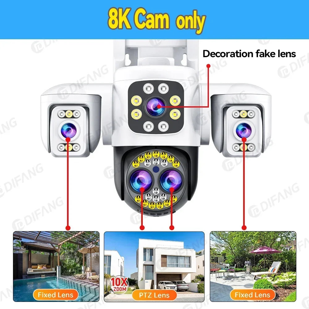 8K 16MP CCTV Wireless WiFi IP Camera Outdoor Four Lens Triple Screen Video Surveillance PTZ Yoosee Onvif Home Security Camera