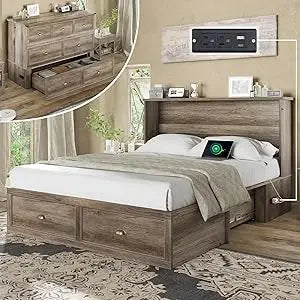 Queen Size Murphy Bed, Farmhouse Wooden Cabinet with Charging Station and Storage Drawer for Bedroom/Office/Guest Room,
