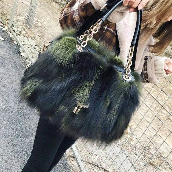 KIMLUD, Fox Fur Women's Bag Fashion Large Capacity Furry Women's Handbag Designer Luxury Bag Handheld Crossbody High End Furry Bags Big, KIMLUD Womens Clothes