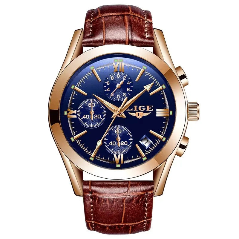 LIGE Men Watch Top Brand Luxury Waterproof Luminous Sport Wristwatch Quartz Military Genuine Leather Relogios Masculino+Box