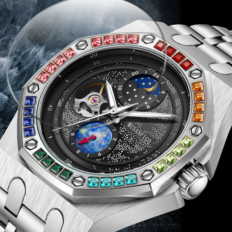 Men's fully automatic mechanical watch, night glow, sun, moon, stars, hollowed out men's watc father's day gift