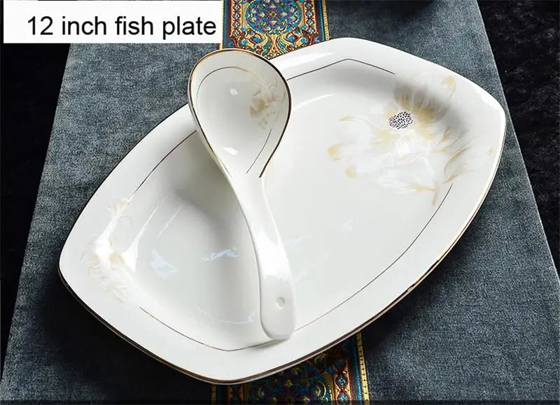 Bone China Dinnerware Set 46-Piece Gold Rim — Ivory White | KIMLUD
