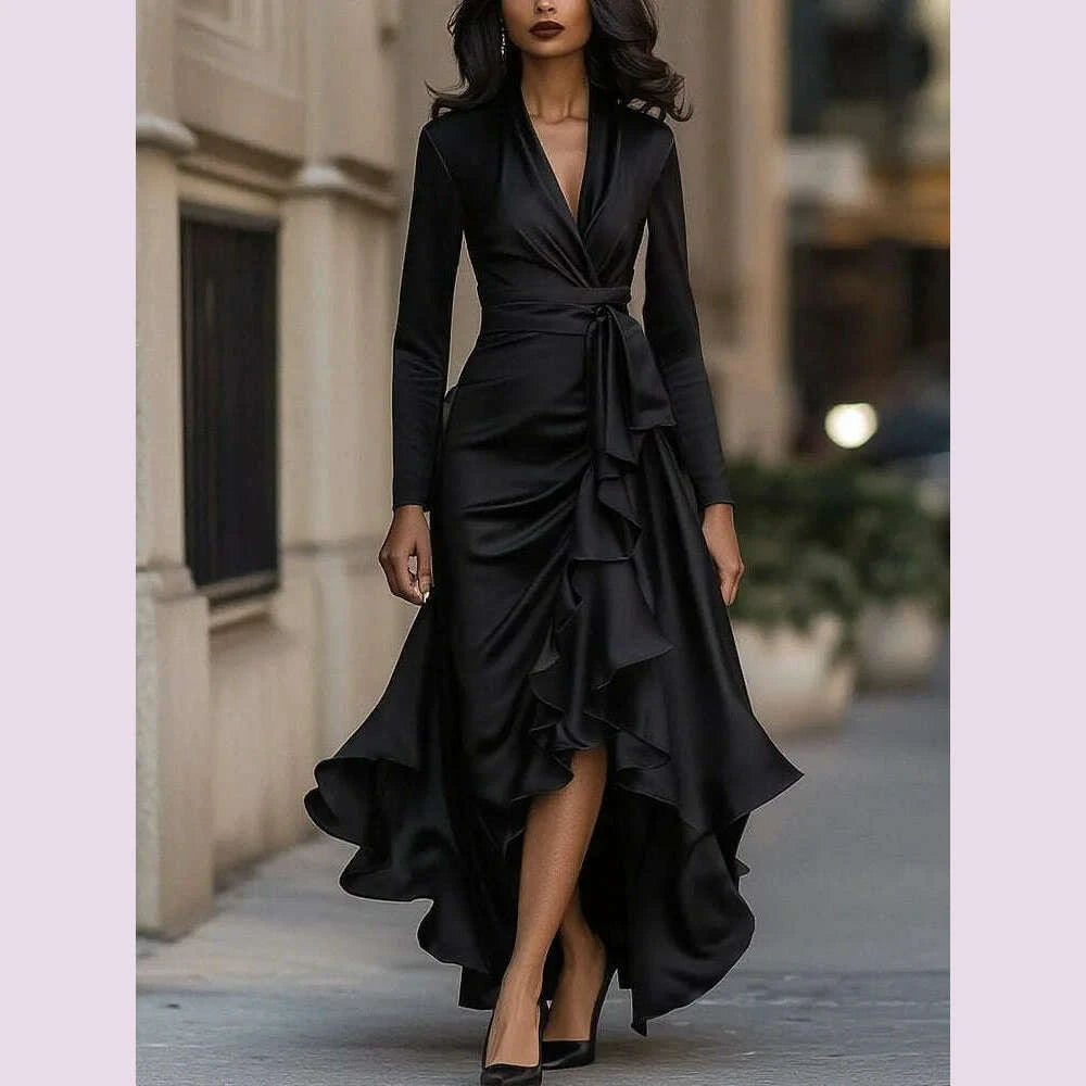 solid ruffles lace up maxi dress Satin Deep V-Neck Ruffled Evening Gown