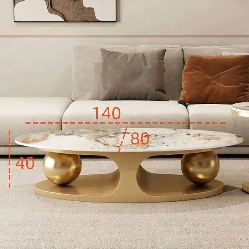 Marble Oval Coffee Tables Brass-Gold Base Nordic Luxury With Italian Art Influence — Ivory | KIMLUD