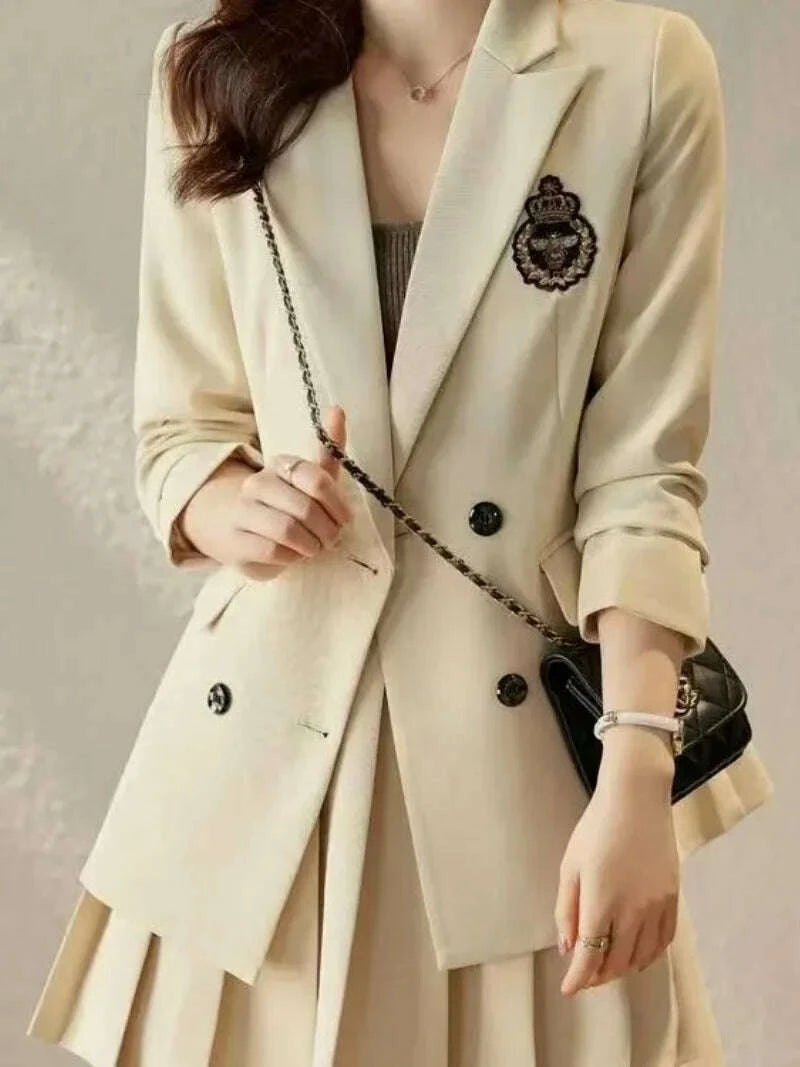 KIMLUD, Korean Preppy Suit Women Fashion Embroidered Badge Double Breasted Jacket+High Waisted Pleated Mini Skirt Elegant Party Set 131F, KIMLUD Womens Clothes