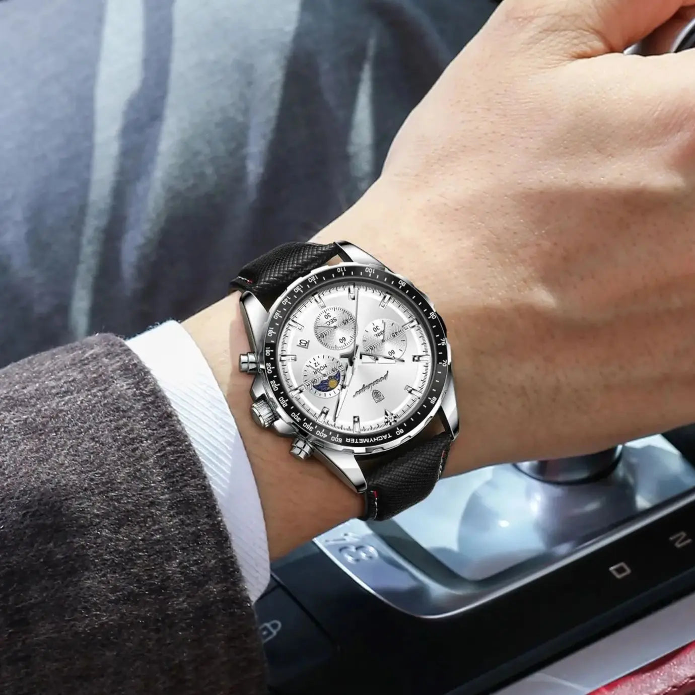 Leather Watch Chronograph Luminous Hands Date Waterproof 3ATM Sport Casual — Silver | KIMLUD