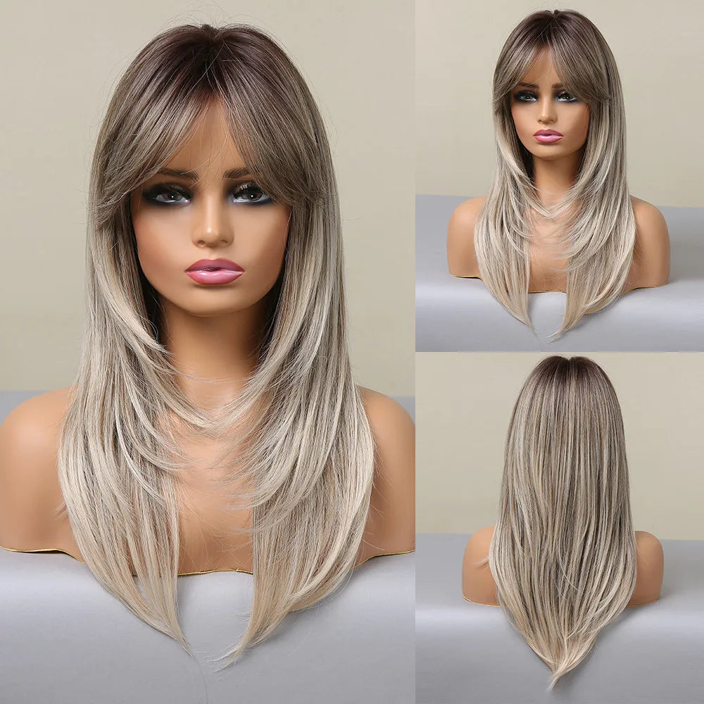 Wig – Medium-Length Layered Straight Bangs – Synthetic Hair – Grey | KIMLUD