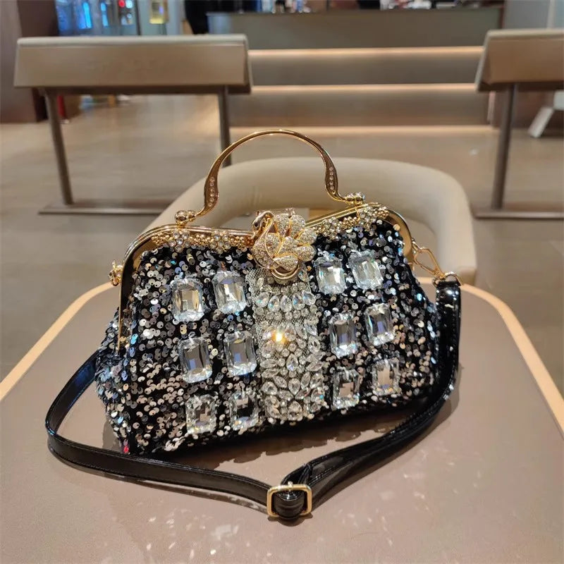 Leather Crystal Sequin Buckle Handbag — Black | KIMLUD