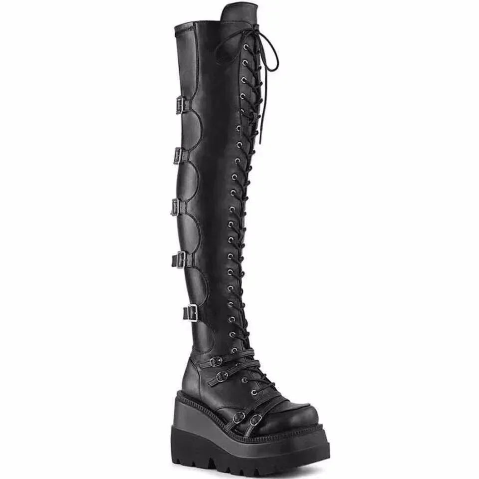 Punk Over-the-knee Boots Women Platform Heels Belt Buckle Boot Motorcycle Goth Shoe Thigh High Flat Boots Plus Size 42 43