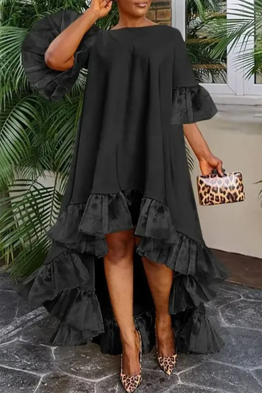 Plus Size Summer Dress For Women Black Round Neck Mash Patchwork Ruffl