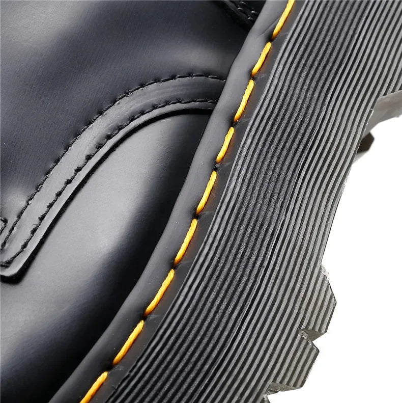 Women's Motorcycle Boots 10 Holes Thick Bottom Side Zipper British Style Long Booties Flatform Work Boots round Toe Mid Heel