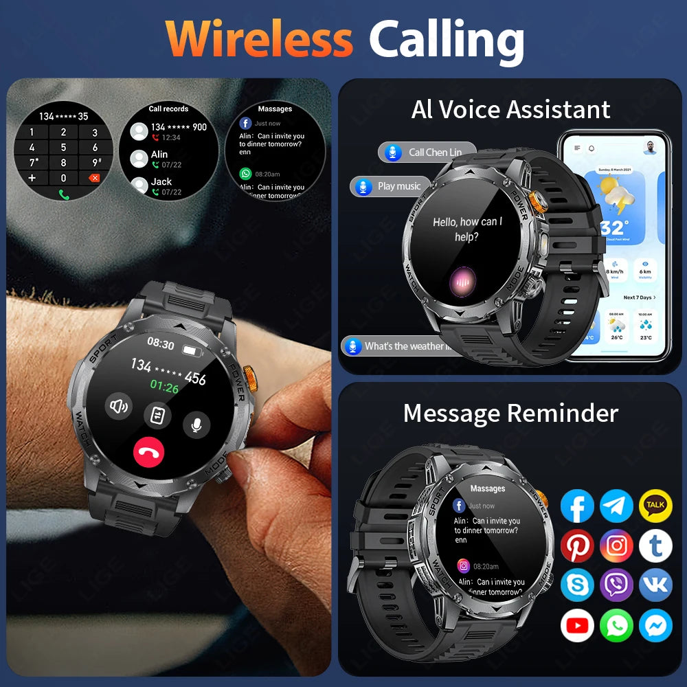 LIGE AMOLED Smart Watch Men with Flashlight Sports IP68 Waterproof Fitness Tracker Bluetooth Call Smartwatch Man for Android iOS