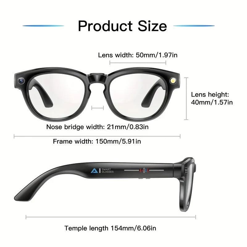 AI Voice Assistant Smart Glasses - Wireless Calls, AI Translation, with LED Flashlight Remote Camera, Music Playback, Gift