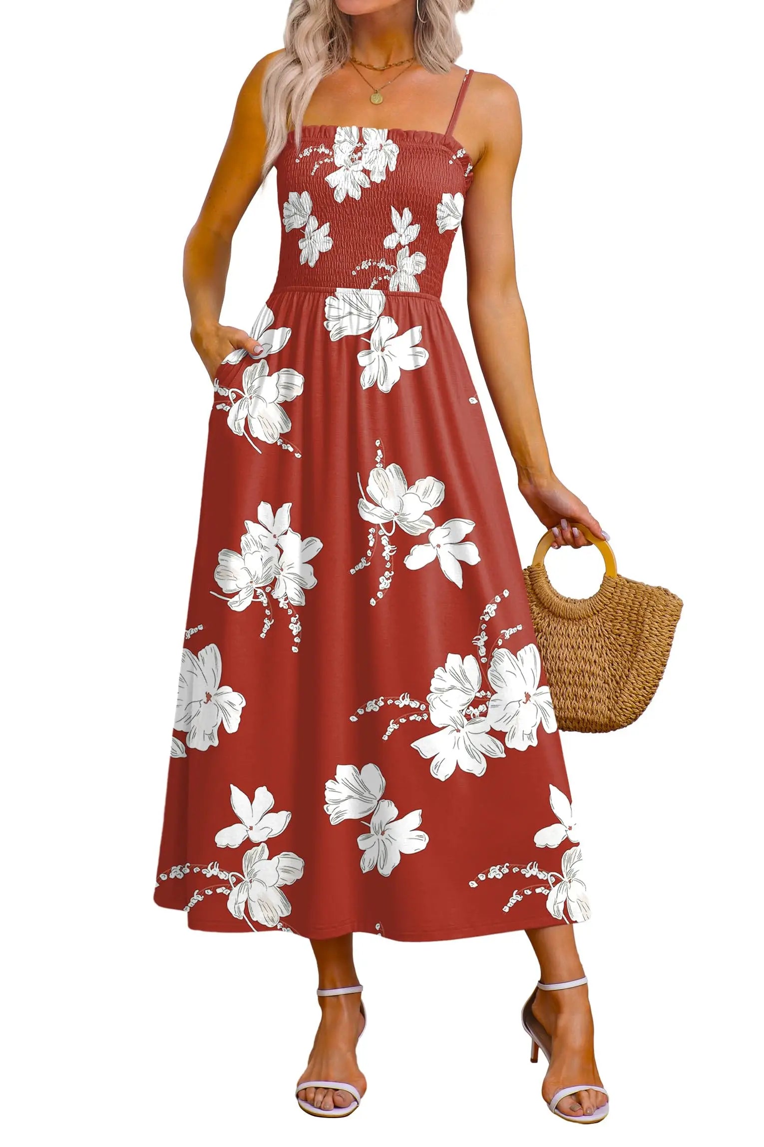 Spaghetti Strap Maxi Dress – Smocked Waist – Polyester Fiber | KIMLUD