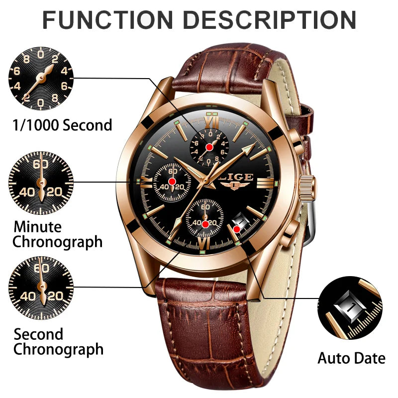 LIGE Fashion Men Watches Top Brand Luxury Military Quartz Watch for Men Business Leather Waterproof Casual Sport Chronograph New