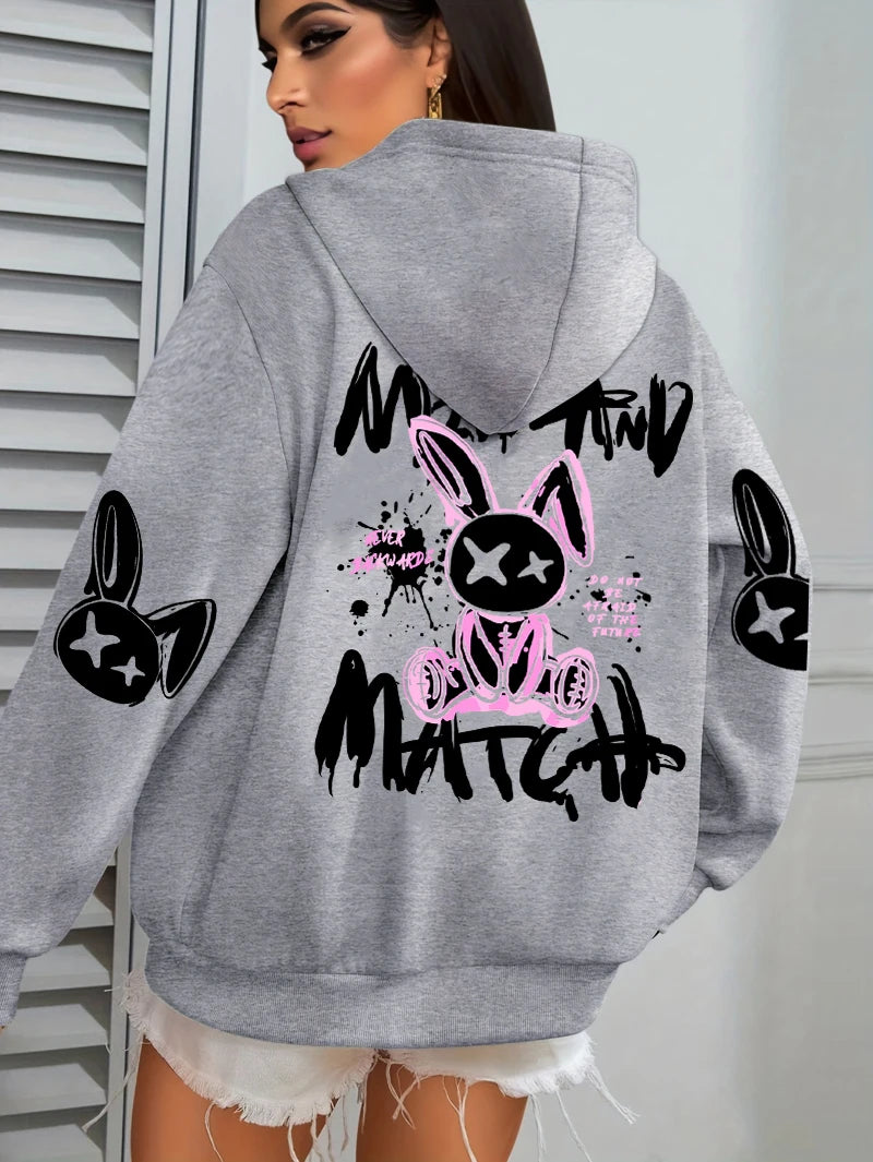Hoodie – Cartoon Rabbit Prints – Loose Silhouette – Hooded | KIMLUD