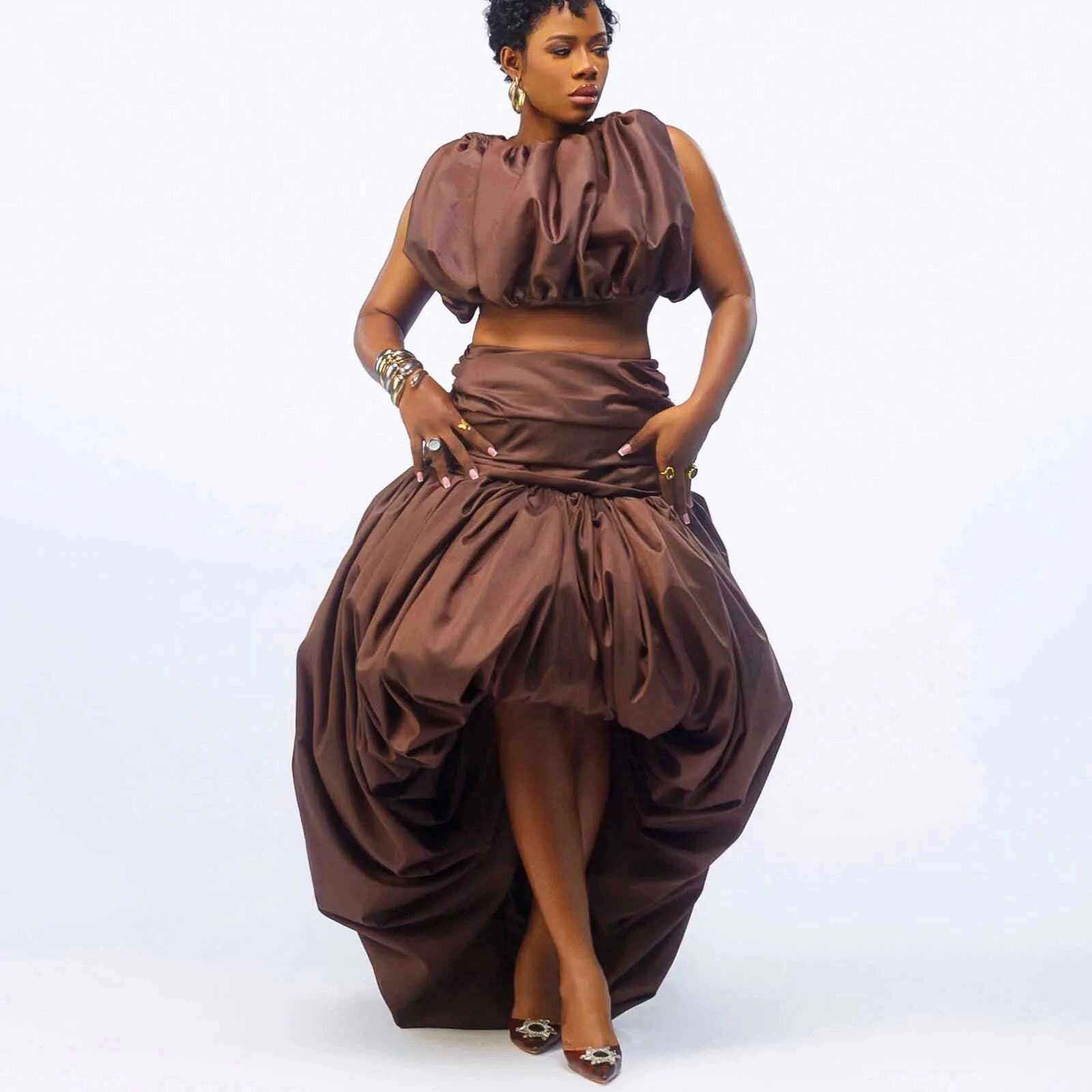 KIMLUD, Custom Brown High Low Skirt African Pleated Satin Evening Party Skirts Coco Ruffles Bubble Skirt Aso Ebi Style Birthday Skirt, KIMLUD Womens Clothes