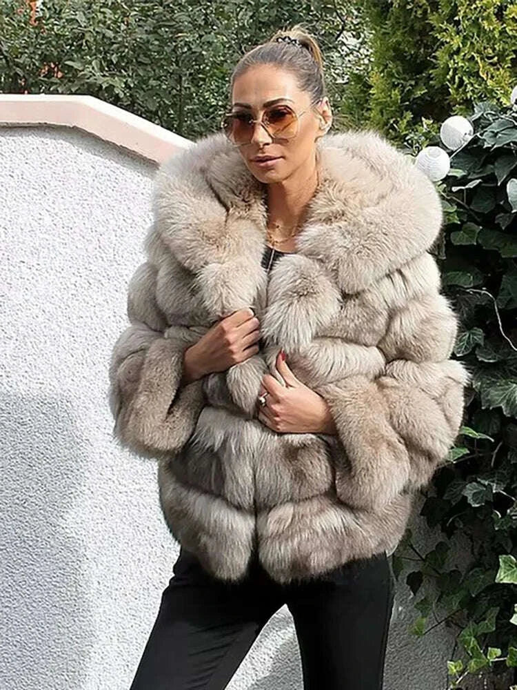 KIMLUD, DEAT Fashion Imitation Fox Fur Grass Jacket Women's Hooded Loose Long Sleeves Patchwork Plush Thick Coat Winter New 7A975, KIMLUD Womens Clothes