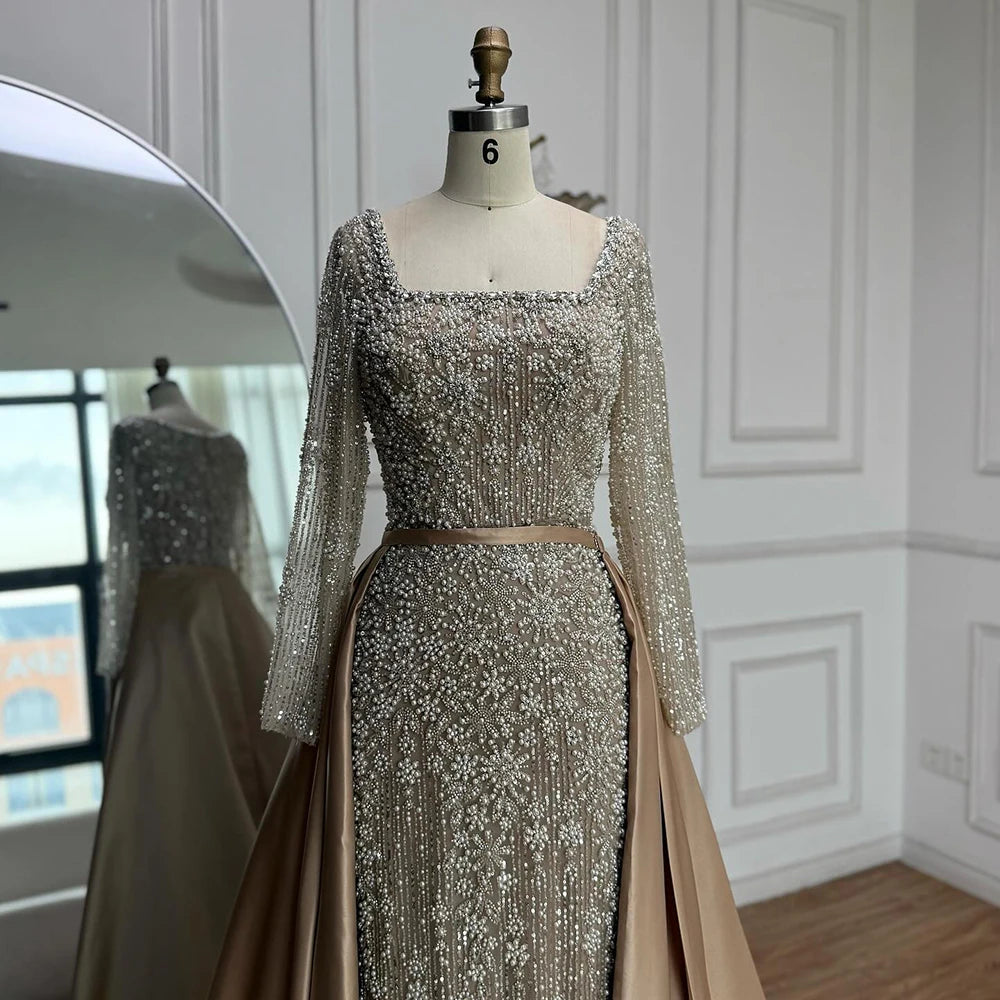 Mermaid Beaded Evening Gown With Overskirt And Built-In Bra In Luxe Beadwork — Caramel | KIMLUD
