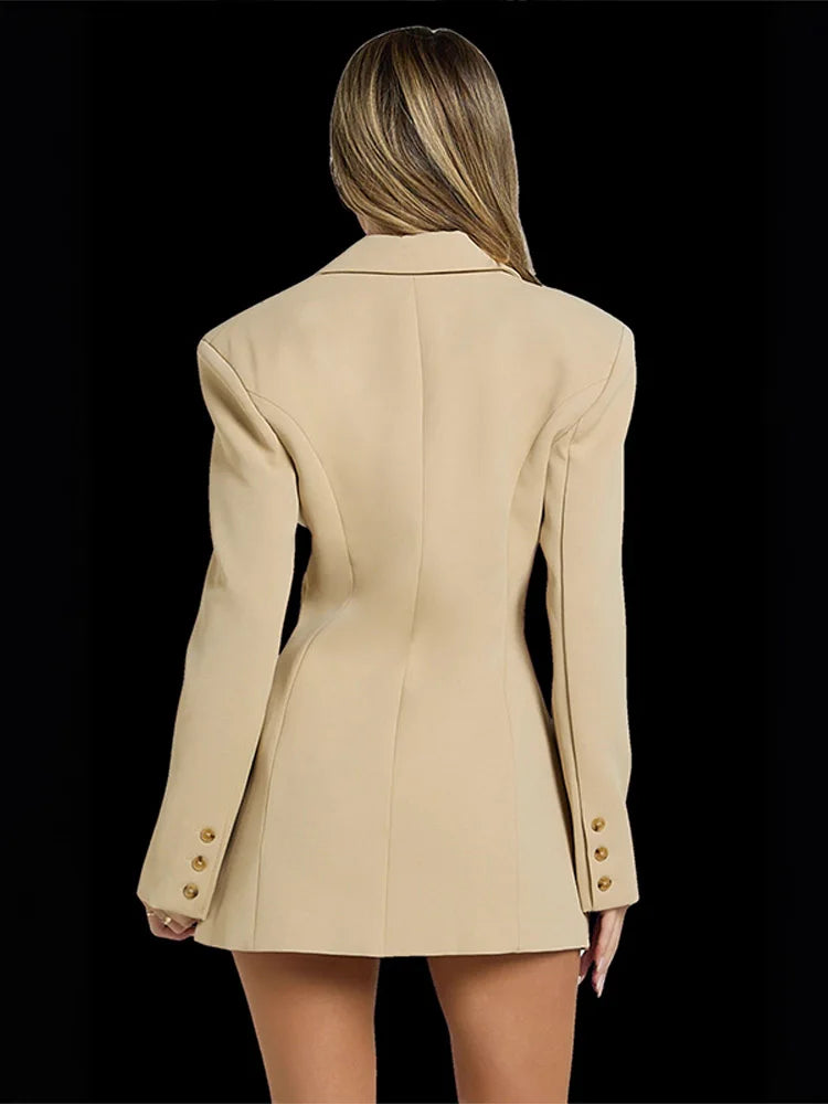 Fashion Lapel Single Breasted Suit Mini Dress Women Solid Full Sleeve Pad Shoulder Waist-cinching Short Robes Lady Chic Dresses