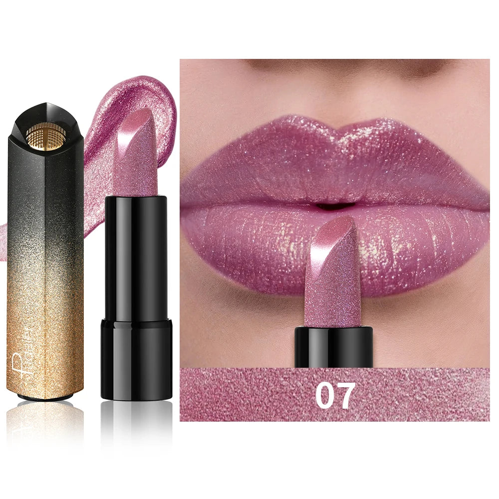 Pudaier Pearly Metallic Shimmer Lipstick, Glitter Shine Finish, Creamy Smooth Texture, High Pigment Party Makeup