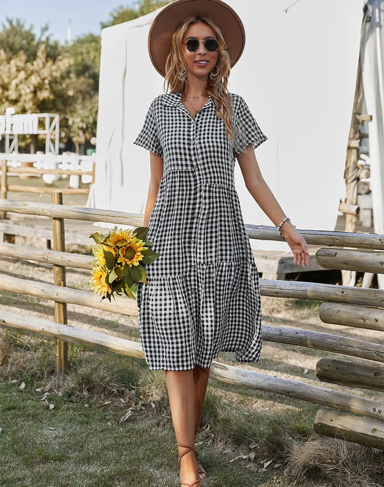 2026 Women's Checkered Short-Sleeve Shirtdress Single-breasted Button-down Short-sleeved Dress Casual Country-style Long Dress