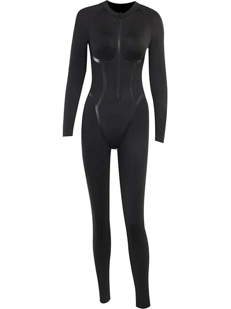 KIMLUD, OMSJ Sporty Body Shaping Full Sleeve One Piece Out Going Fashion Jumpsuits Panelled Round Collar Zip Slim Women's Casual Rompers, KIMLUD Womens Clothes