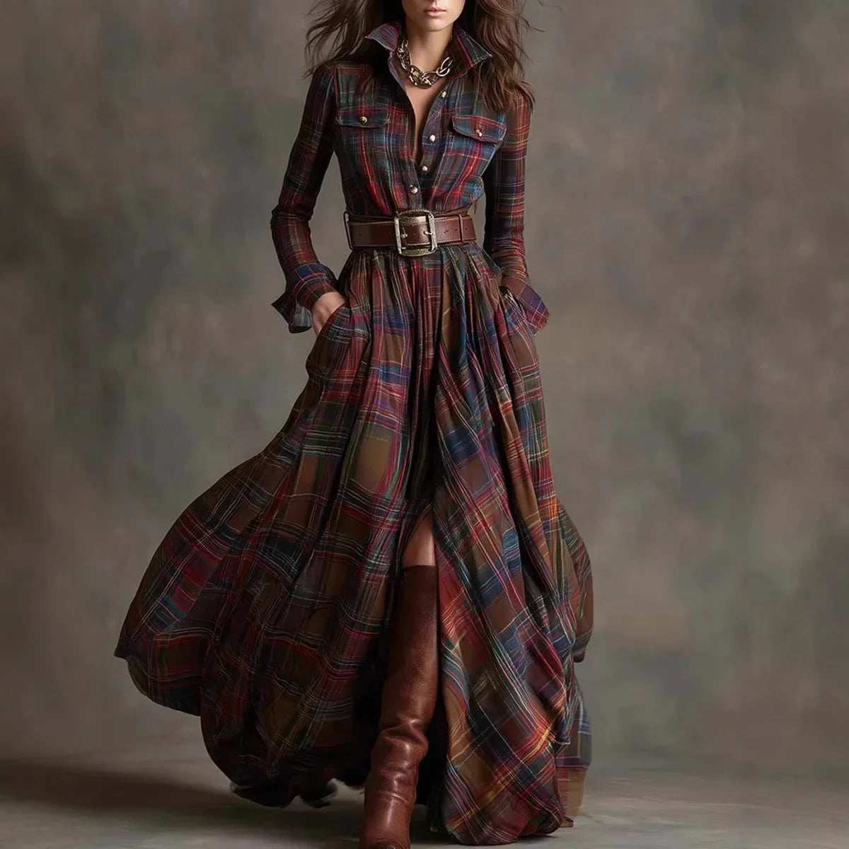 Womens Shirt Maxi Dresses Autumn Casual Long Sleeve Plaid Print Dress with Lapel Collar Button Front Pocket Retro Long Dress