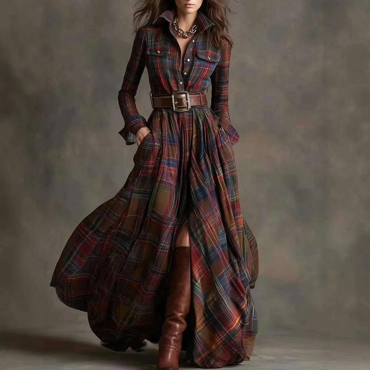 Womens Shirt Maxi Dresses Autumn Casual Long Sleeve Plaid Print Dress with Lapel Collar Button Front Pocket Retro Long Dress Womens Shirt Maxi Dresses Autumn Casual Long Sleeve Plaid Print Dress with Lapel Collar Button Front Pocket Retro Long Dress