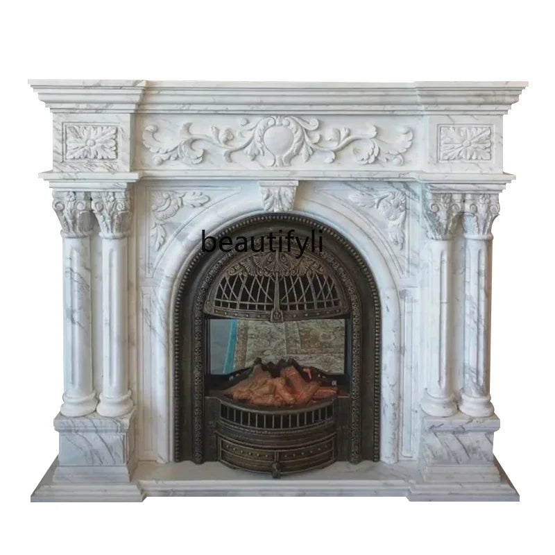 Marble Fireplace Stone Carving Living Room Decor — White | KIMLUD