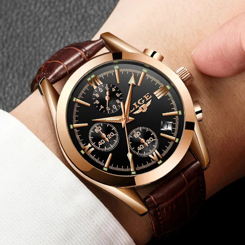 LIGE Fashion Men Watches Top Brand Luxury Military Quartz Watch for Men Business Leather Waterproof Casual Sport Chronograph New