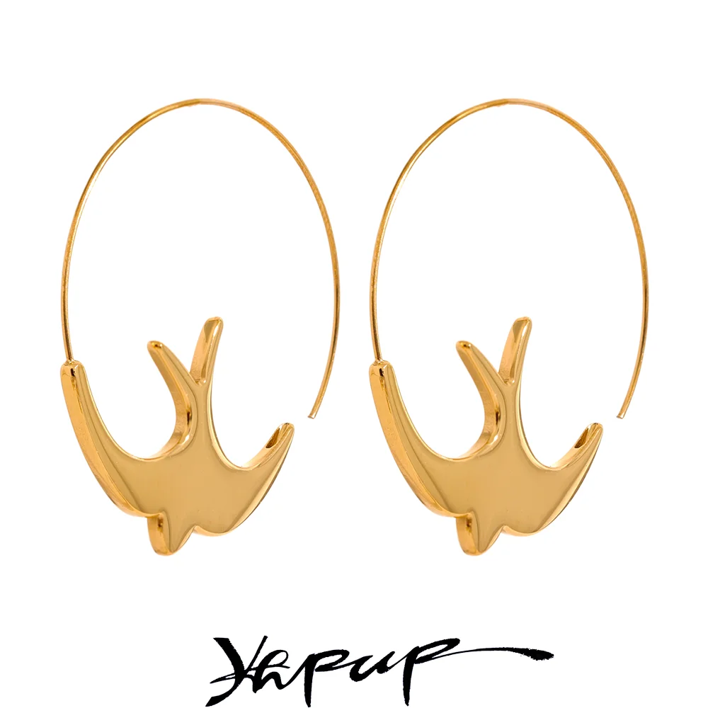 Yhpup New Stainless Steel Swallow Bird Thin Hoop Earrings for Women Prevent Allergy Minimalist Metal Personalized Ear Jewelry