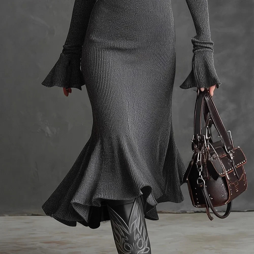 Women's Autumn Knitted Dress Long Sleeve Half Zipper Neck Ruffle Hem Slim Midi Dress Retro Casual Elegant Fishtail Long Dresses