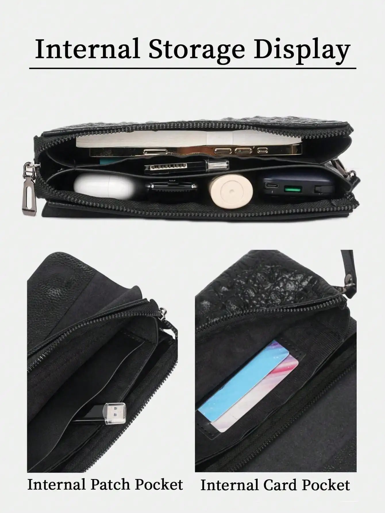 PU Clutch Bag Textured Crocodile Pattern — Black | KIMLUD