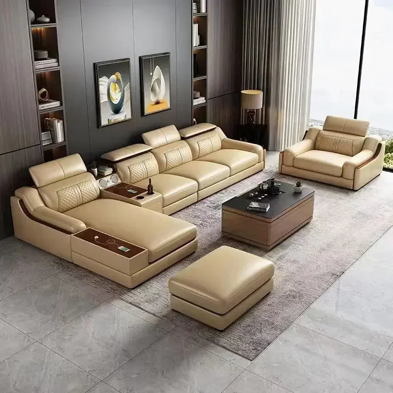 Genuine Italian Leather Sofa L-Shaped With Cup Holders USB Bluetooth — Light Gray | KIMLUD