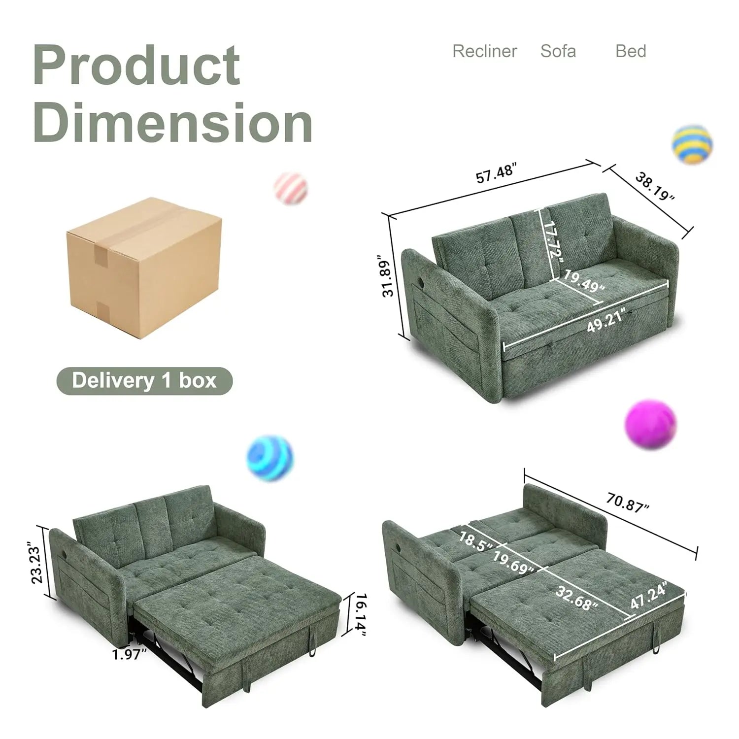 Minimalist Modern Convertible Sofa Bed With Cup Holder — Sage | KIMLUD