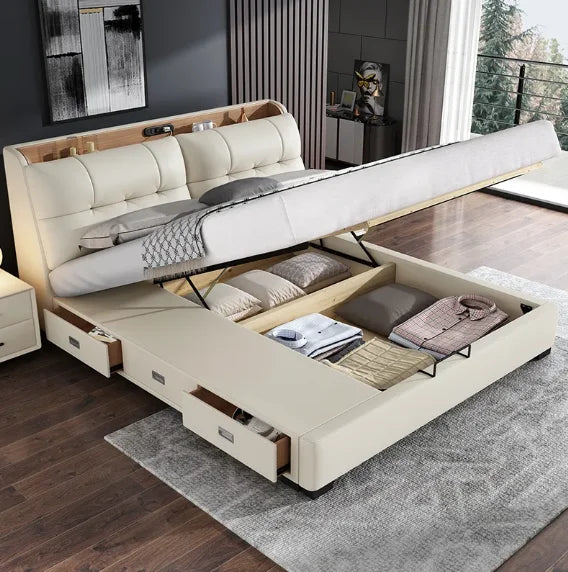 Pure White Nordic Style Oak Panel Queen Bed Frame Steel Frame Cama Modern Bed Queen Size Bed